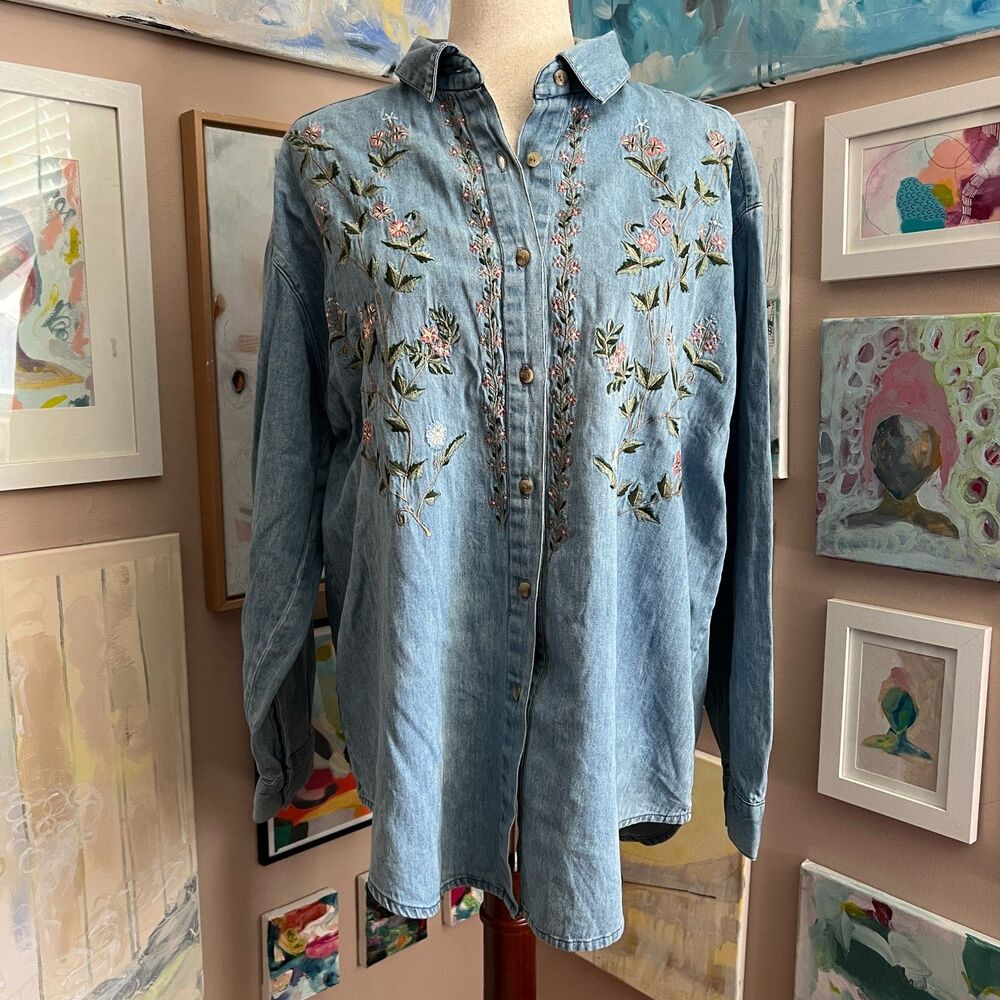Vintage Paul Harris Floral Embroidered Denim Shirt Cottagecore Size L‎ 90s Artsy